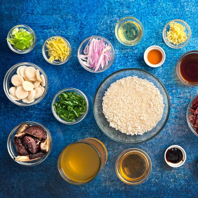 Ingredients to make Claypot chicken arranged on a deep blue photography background. include green onions, ginger, water chestnuts, shiitake mushrooms, chicken stock and panko bread crumbs.