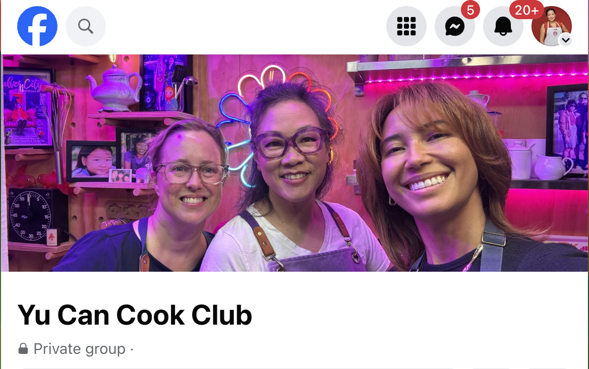 Photo of two students with Carole in the middle in her colorful kitchen set. The image is a screenshot of the Yu Can Cook Club Facebook page showing that there will be a specific group for Yu Can Cook students.